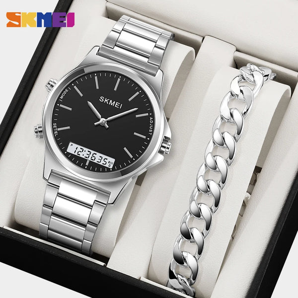 SKMEI Stainless Steel Strip Display Digital Watches For Men Women Luxury Waterproof Quartz Wristwatches and Bracele Reloj Hombre